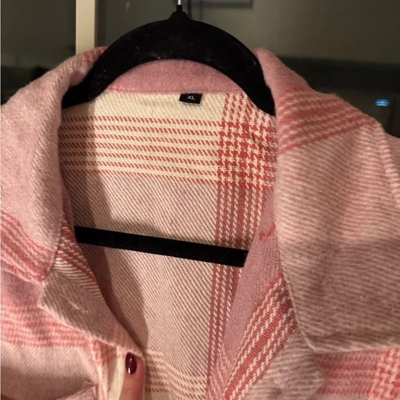 Plaid Button-Up Shacket in Pink and White - Picture 2 of 4